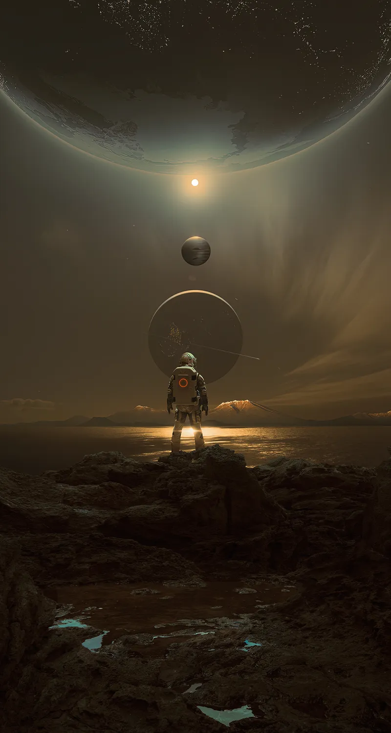 宇航员 行星 火星 天空 夜晚 科幻 小说 太阳系 风景 AI艺术 手机 壁纸 3840×3840