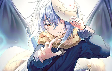 蓝色头发 短发 动漫男孩 面具 黄色眼睛 翅膀 哭泣 毛皮 外套 蝙蝠 史莱姆 4K高清壁纸 3840×2160