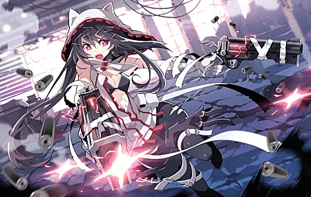 红眼睛 长发 深色头发 枪 女孩 动漫 枪支 武器 连裤袜 耳环 废墟 比基尼 壁纸 4000×2250