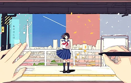 站着 女学生 长发 动漫 女孩 校服 城市 壁纸 7680×4320