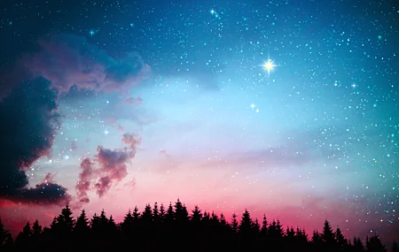 超清天空 空间 星星 银河 黑暗 灯光 粉色 夜晚 森林 云彩 AI艺术 图片 桌面壁纸 5760×3840