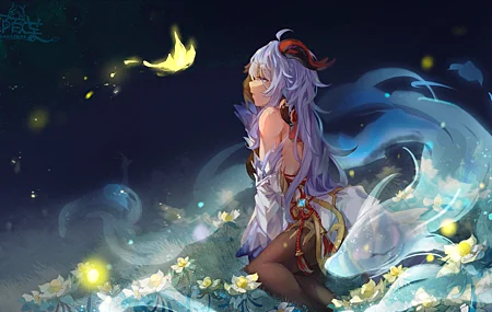热门蓝头发 蓝眼睛 肩膀 跪着 长发 波浪 白酒 魔域边缘 感伤 原神 动漫 女孩 号角 精灵 桌面壁纸 5029×3047