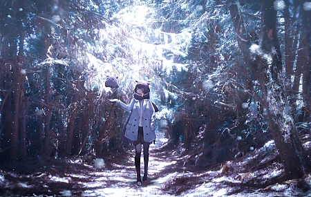 经典森林 雪 大雪 树木 猫耳 女孩 女人 冬天 靴子 精灵 宠物 无水印壁纸 9832×4039