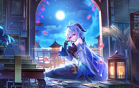 原神 动漫 女孩 树叶 夜 月 书 壁纸 4858×2975
