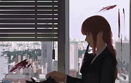 红头发 动漫 女孩 电锯人 血 手套 黄眼睛 壁纸 6046×3618