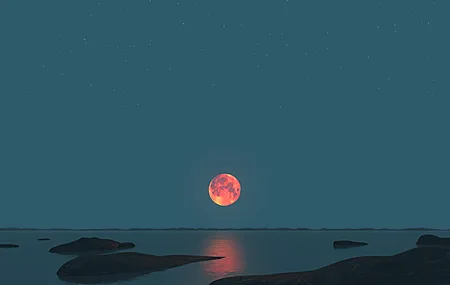 精选月光 海洋 自然 水 天空 红月 满月 高清壁纸 3840×2160