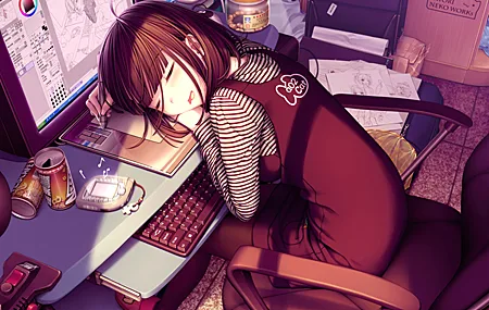 深色头发 原创 人物 动漫 女孩 电脑 平板电脑 睡眠 椅子 AI艺术 绘画 键盘 零食 显示器 素描 罐头 条纹服装 手机壁纸 4175×2976