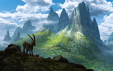 绝美云 岩石 山羊 AI艺术 风景 素描 艺术 壁纸 3840×2259