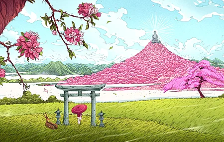 精选AI艺术 奇幻艺术 神道 拱门 鹿 山 粉色 树 花 云 壁纸 3840×2160