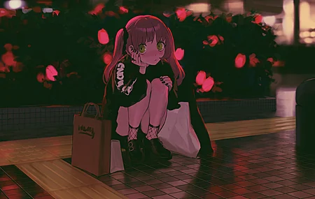 绚丽原创 人物 绿眼睛 刘海 长发 红发 跪着 动漫 女孩 夜晚 双尾 尴尬 哥特式 洛丽塔 4K壁纸 4096×2896