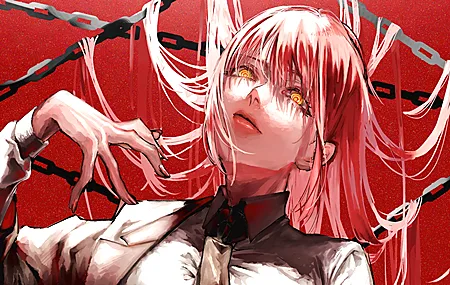 红发 电锯人 链 红色背景 黄色眼睛 动漫女孩 壁纸 3840×2160