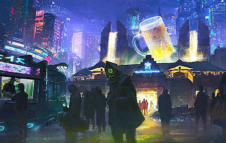 人物 AI艺术 插图 素描 绘画 环境 未来主义 城市 网络 数码城 赛博朋克 霓虹灯 灯光 建筑 摩天大楼 塔楼 夜晚 机器人 啤酒 4K壁纸 3840×2170