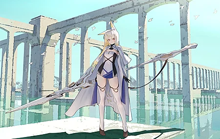 站立 红眼睛 金发 伊塔科 动漫 女孩 武器 兽耳 长矛 长袜 连衣裙 4K高清壁纸 4004×2405