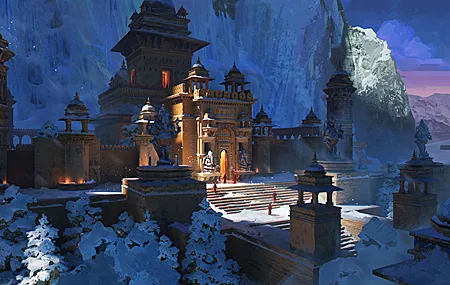 AI艺术 山 树 雪 建筑 寺庙 手机壁纸 3840×2160