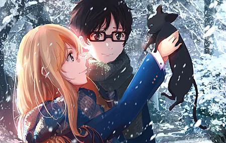 金发 动漫 女孩 猫 漫画 动物 男孩 眼镜 冬天 雪 壁纸 5414×3045