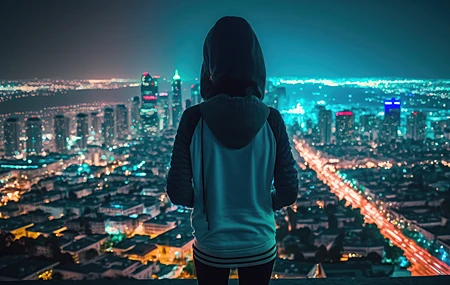 女性 艺术 城市 天际线 夜晚 城市灯光 青色 城市景观 引擎盖 手机壁纸 4579×2616