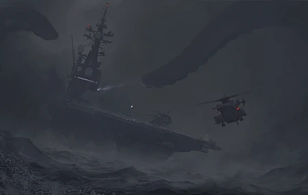 AI艺术 海 船 海浪 海怪 触手 黑暗 直升机 风暴 航空 母舰 奇幻艺术 高清壁纸 10000×5627