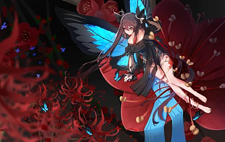 胡桃 原神 腿 动漫 女孩 蝴蝶 翅膀 双尾 花 壁纸 5733×3225