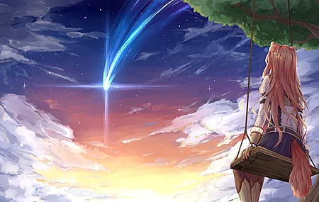 绚丽动画 动漫 流行 天空 秋千 星星 夜晚 狐狸耳朵 耳朵 尾巴 高清壁纸 3840×2160