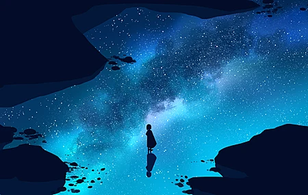 优雅 动漫 天空 女孩 星星 星景 简单背景 极简主义 桌面壁纸 5640×2400