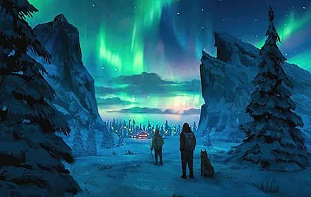 绚丽极光 雪 AI艺术 夜 天空 图片 绘画 松树 灯光 无水印壁纸 3840×2160