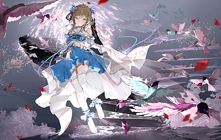 金发 碧眼 动漫 女孩 花瓣 小鸟 楼梯 长袜 4K高清壁纸 8640×4860
