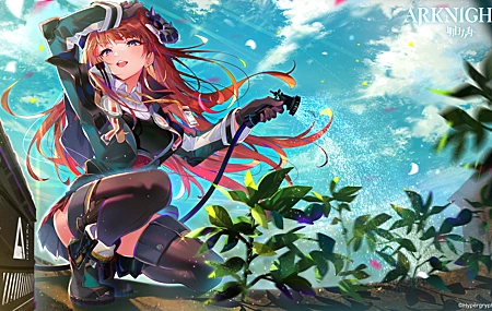 热门黑发 蓝眼睛 蹲着 动漫 女孩 神枪手 风笛 号角 植物 高清壁纸 5511×3100