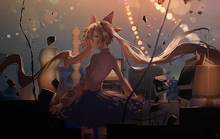 长发 肩膀 初音 小提琴 动漫 女孩 双尾 耳机 衬衫 裙子 灯光 奇幻艺术 素描 AI艺术 插图 壁纸 4109×2537
