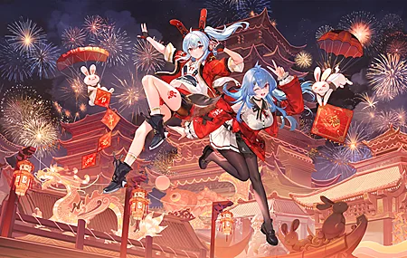 动漫 女孩 烟花 兔耳朵 2233娘 22娘 33娘 4K高清壁纸 3911×2200
