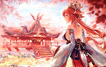 原神 艺术家 游戏CG 动漫 女孩 美术 素描 神社 无水印壁纸 4950×3507