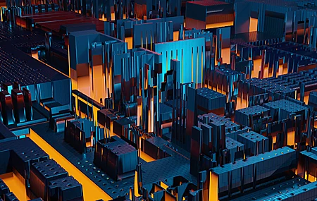 AI艺术 插图 城市 主板 建筑 模型 橙色 蓝色 世界 技术 灯光 桌面壁纸 3840×2160