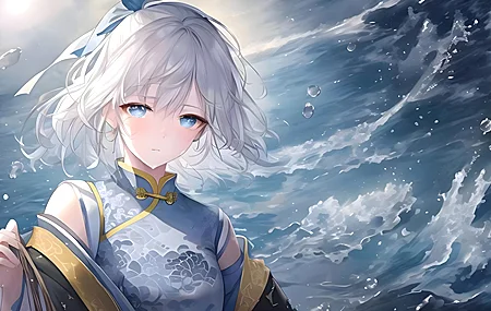 蓝眼睛 AI艺术 动漫 女孩 国风 汉服 水 银色头发 壁纸 3840×2160