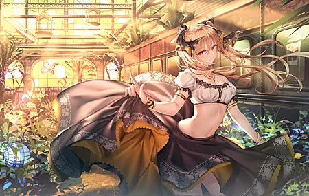热门原创 人物 金发 长发 微笑 肩膀 腹部 动漫 女孩 双尾 发结 发饰 项链 短上衣 裙子 鲜花 植物 阳光 笼子 蝴蝶 绘图 AI艺术 手镯 臂章 珠宝 无水印壁纸 4760×2476