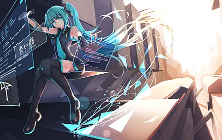 热门长发 蓝头发 蓝眼睛 动漫 女孩 初音 双尾 计算机 界面 代码 青色头发 高清壁纸 4552×2580