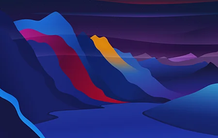 经典AI艺术 插图 风景 河流 山脉 山谷 五颜六色 夜晚 自然 简单背景 极简主义 星星 水 壁纸 6000×3376