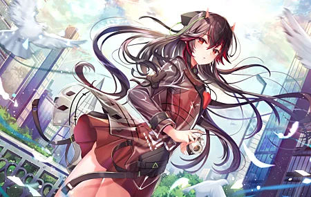 长发 深色头发 红色眼睛 动漫 女孩 小鸟 城市 相机 连衣裙 惩罚 灰色乌鸦 艺术品 4K壁纸 7680×4320