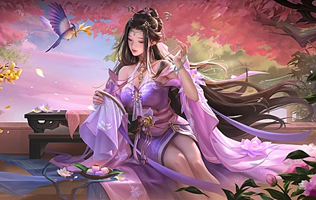 汉服 女人 坐着 长发 赤肩 粉色衣服 国风 鸟 动物 花瓣 树 叶 花 耳环 手镯 云 天空 手机壁纸 4350×2447