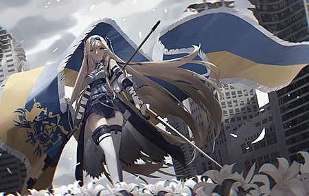 经典金发 动漫 女孩 花 武器 国旗 明日方舟 命运系列 壁纸 4032×2309