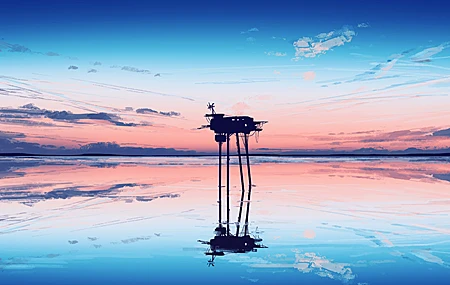 优雅 AI艺术 插图 风景 宽屏 海 水 云 塔 早晨 超宽 夕阳 辉光 日落 天空 无水印壁纸 5640×2400