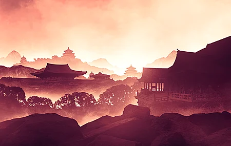 AI艺术 插图 建筑 风景 自然 树木 黄昏 薄雾 天空 山脉 岩石 户外 国风 壁纸 3840×2160