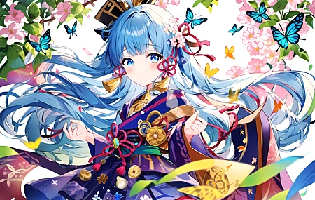 蓝头发 蓝眼睛 长发 动漫 女孩 原神 蝴蝶 鲜花 和服 花瓣 五颜六色 壁纸 5120×3328