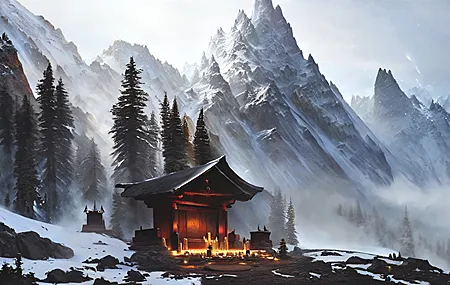 无名 艺术 雪 山 圣地 树木 蜡烛 风景 薄雾 4K高清壁纸 4050×2160
