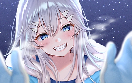 精选长发 蓝眼睛 微笑 脸 手套 银发 尖牙 动漫 女孩 壁纸 3840×2160
