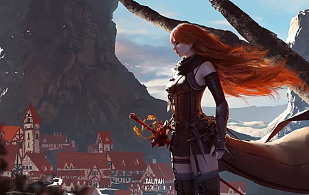 唯美女人 红发 长发 奇幻艺术 剑 壁纸 6399×2883