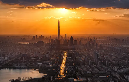 超清城市 建设 道路 太阳 云 建筑 湖 景观 壁纸 7120×4013
