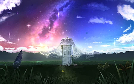热门风景 田野 门 自然 山 天空 云 星星 AI艺术 星空 草 天气之子 桌面壁纸 3840×2160