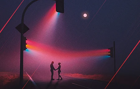 情侣 爱 霓虹灯 交通灯 道路 夜晚 灯 路灯 月亮 雨 4K高清壁纸 3840×2160