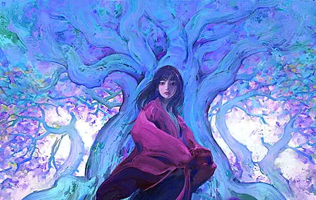 唯美女人 黑发 数码艺术 插图 绘画 蓝色 森林 树木 高清壁纸 3840×2418