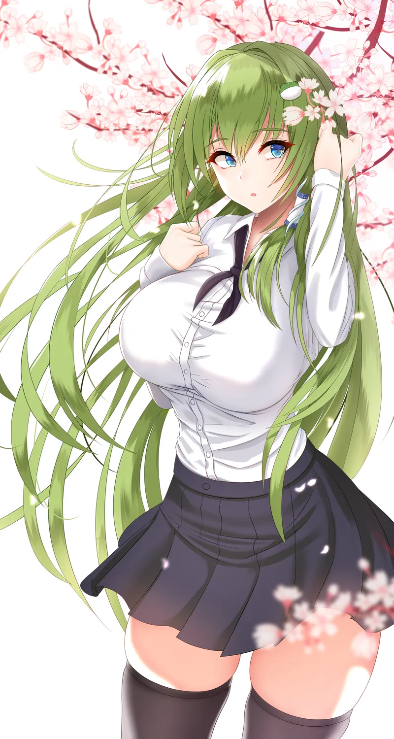 绿发 长发 动漫 少女 裙子 黑色丝袜 樱花 手机 壁纸 4961×6732