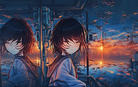 原创 人物 黑发 女学生 眼泪 短发 动漫 女孩 天空 城市 棕色眼睛 校服 云 夕阳辉光 日落 倒影 建筑 电线杆 星星 星夜 哭泣 窗户 壁纸 4000×2500